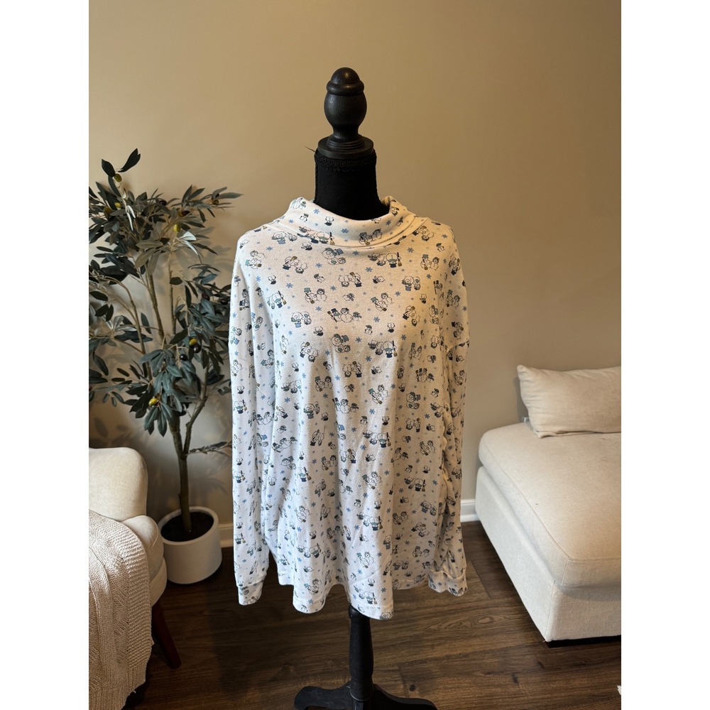 Classic Elements Woman Snowman Snowflake Print Mock Neck Top White Plus 3X